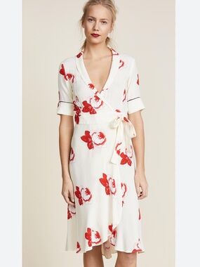 Ganni Harley Wrap Dress Ivory Red Floral Print Midi 36 (US 4-6)